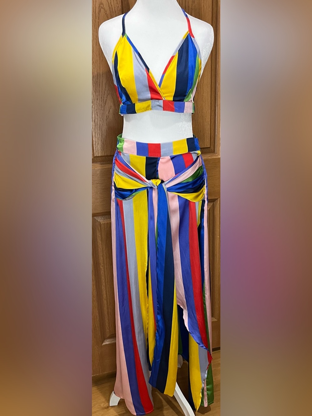 Multicolor Striped Tie-Front Maxi Skirt Set with Halter Top
